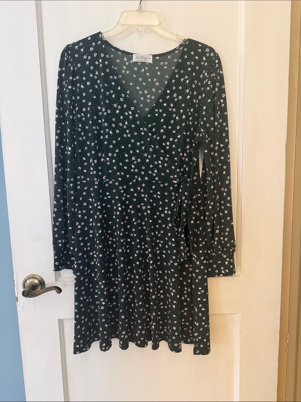 Dark green floral faux wrap dress